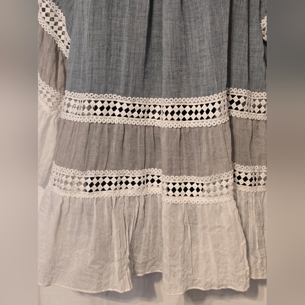 Boho Blue and White And Gray Gauze Blouse With Lace Detail Bell 3/4 Sleeves - Picture 6 of 8